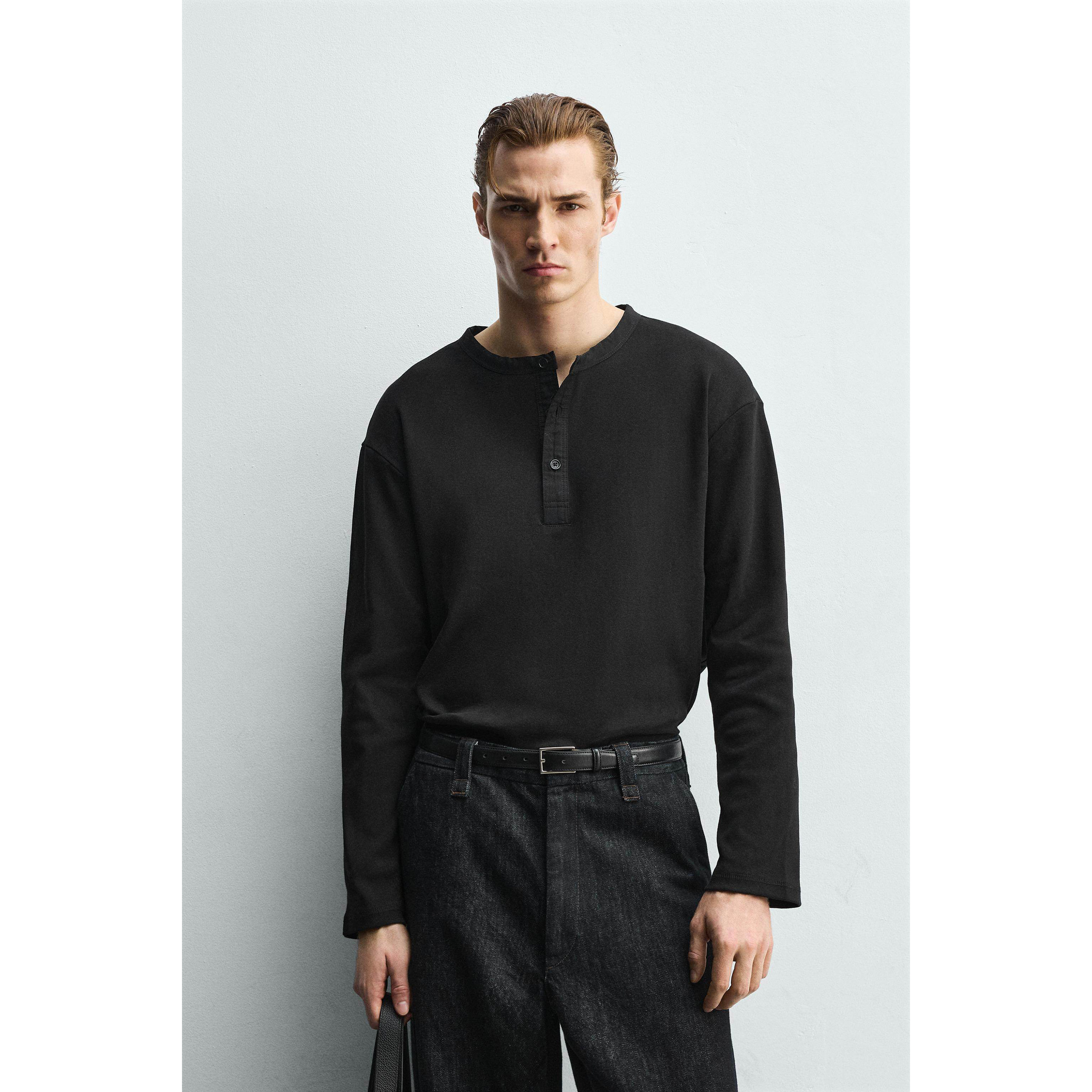 柜299!ZA冬季新品 男装 宽松罗纹按扣面包师圆领长袖T恤 5584443