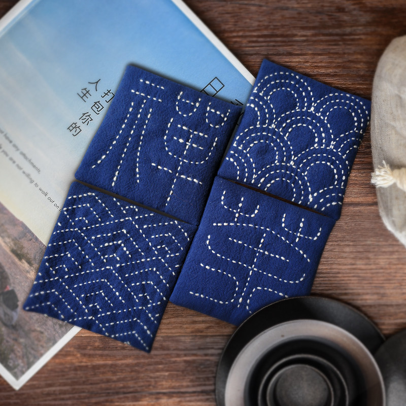 慢生活拼布刺字绣茶垫杯垫材料包一套四个包邮