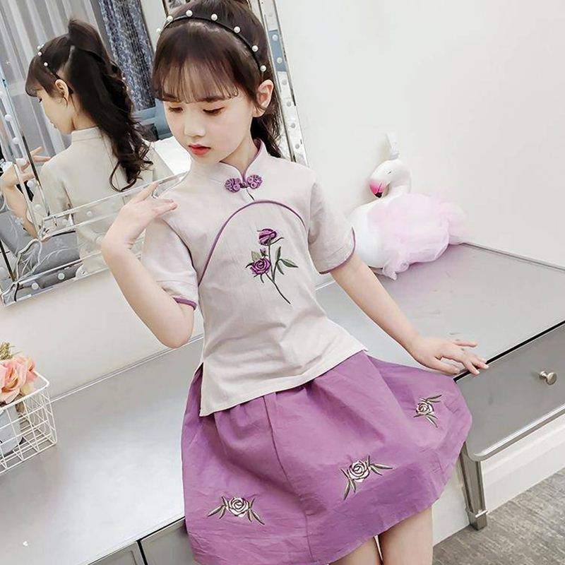 童装女童夏款汉服新款表演服中大童套装儿童小女孩短袖两件套裙子33.25元包邮