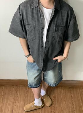 SAMS【复古水洗做旧】暗纹肌理格子短袖全棉衬衫男高级感工装衬衣