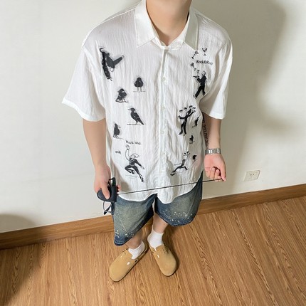 SAMS「肌理感趣味印花」度假风冰丝短袖衬衫男宽松慵懒垂感衬衣夏
