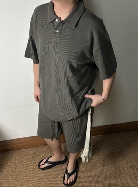 CROW【极简风套装】华夫格简约翻领polo衫高级感宽松透气套头短袖