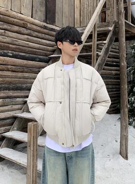 SAMS【螺纹款独特设计】米白色90白鸭绒棒球服男士2024新款羽绒服