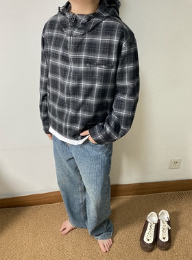 SAMS「复古格纹立领」秋冬格子衬衫外套男设计感宽松休闲连帽开衫