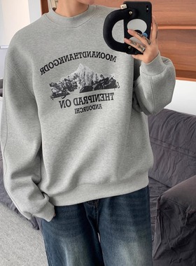 SAMS【高品质雪山印花】秋季新品圆领卫衣男2024新款宽松套头上衣