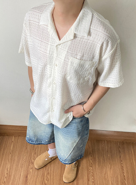 SAMS「老钱风古巴领」复古提花肌理感短袖衬衫男度假镂空宽松上衣