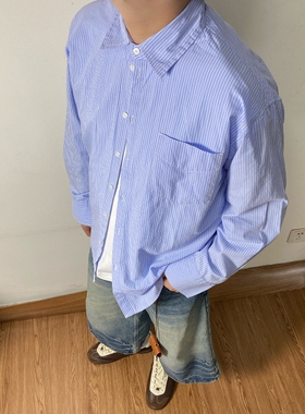 SAMS「极简日常通勤」蓝色条纹宽松休闲长袖衬衫男女同款衬衣外套