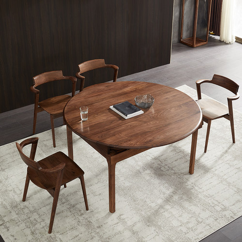 可伸缩圆形黑胡桃木北欧圆桌