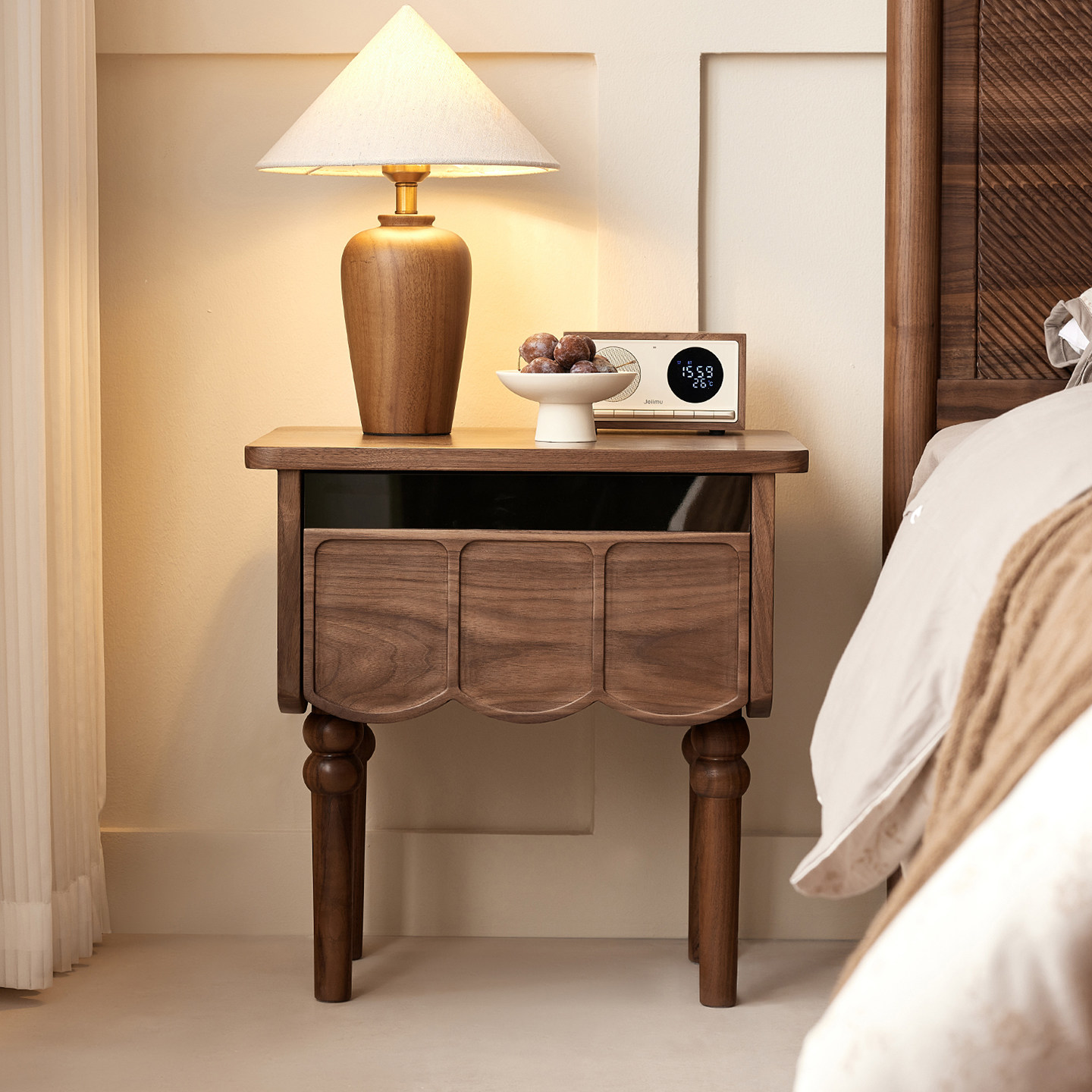 水墨兰亭法式中古黑胡桃木床头柜