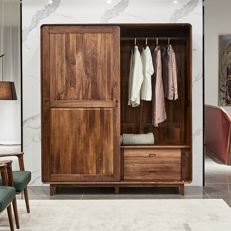 北美黑胡桃木衣柜全实木北欧简约推拉家用衣橱别墅卧室收纳储物柜