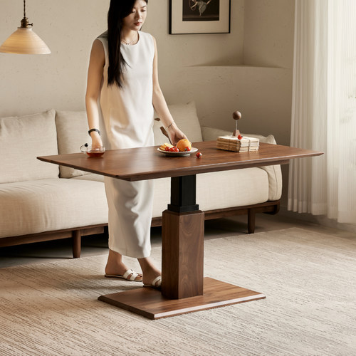 水墨兰亭黑胡桃木升降茶几餐桌两用小户型中古风客厅书桌2025新款