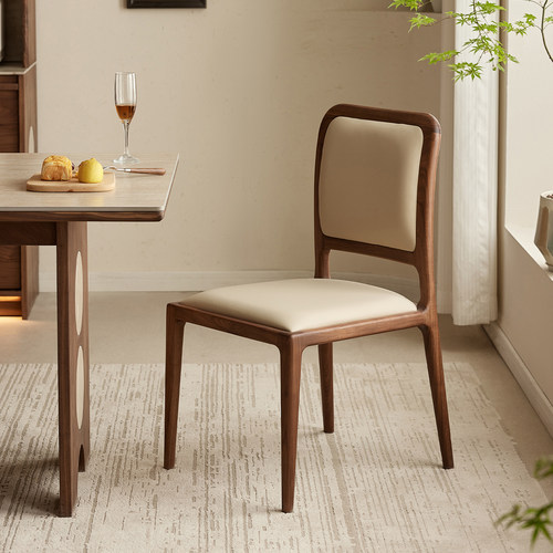 黑胡桃木真皮餐椅中古风