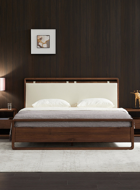 北美FAS级黑胡桃实木床北欧简约现代真皮床头双人床轻奢主卧婚床