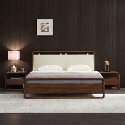 北美fas级黑胡桃北欧真皮实木床