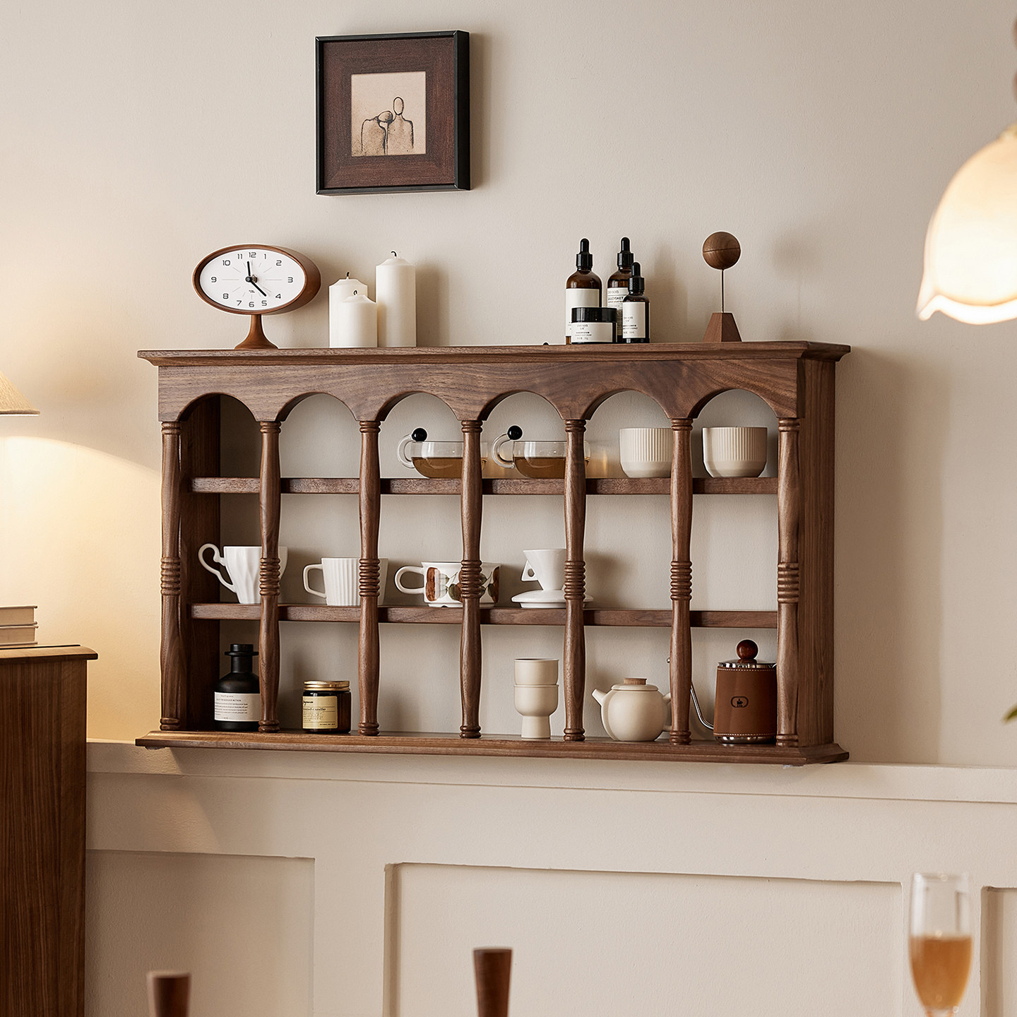 水墨兰亭黑胡桃木杯架法式中古风咖啡杯置物架挂墙手办展示格子柜,住宅家具,搁板/置物架/家用陈列架,淘宝优惠券,粉丝福利购,淘宝优惠卷