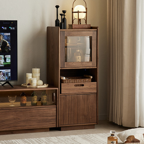 黑胡桃木沙发边柜立柜