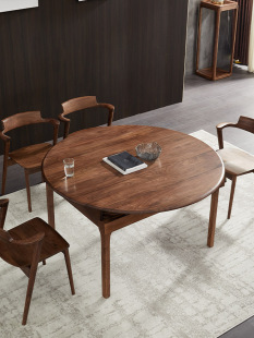 北美黑胡桃实木餐桌多功能斯堪 纳维亚圆桌简约现代家庭可伸缩餐