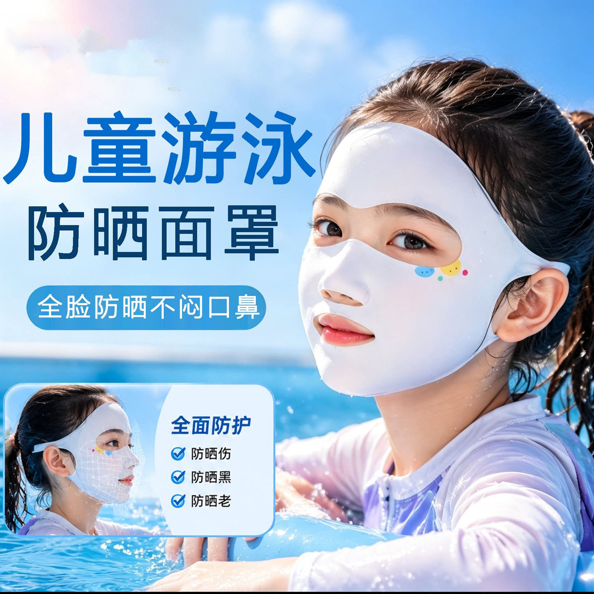 儿童游泳面罩夏季浮潜骑行潜水专用防晒口罩脸基尼护全脸速干透气
