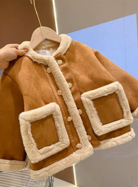 女童加绒加厚中长款黄色花朵连帽毛毛衣外套洋气冬装保暖棉衣棉服