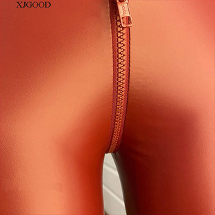 黑色 女士显瘦打底裤 2025欧美性感新款 pu皮开档双头拉链高腰皮裤