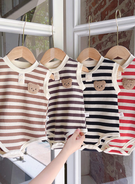 ins韩版婴幼儿夏季爬服男女宝宝薄款条纹小熊无袖背心连体哈衣潮.