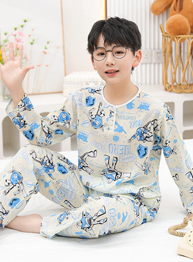 儿童棉绸睡衣夏季青少年大童女孩薄款绵绸女童长袖空调家居服套装