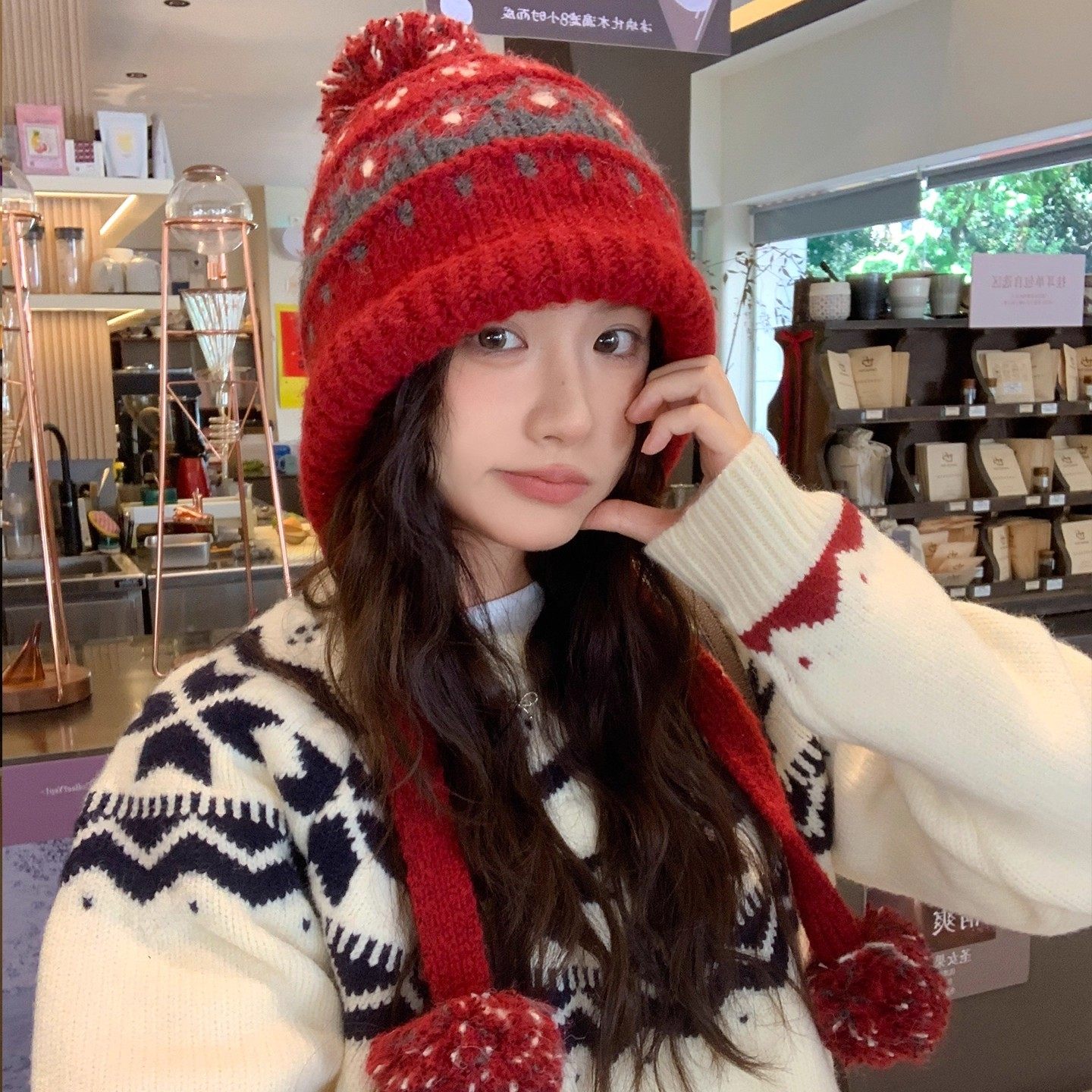 复古费尔岛提花针织套头帽子女款冬季大头围护耳毛线帽保暖雷锋帽