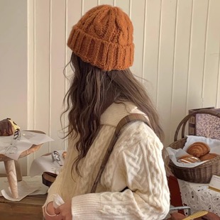 韩系焦糖色帽子女秋冬2025设计款粗针织毛线帽显脸小护耳防风冷帽