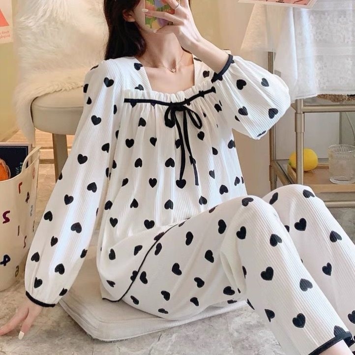 法式方领睡衣女春秋小众长袖套装睡衣/家居服套装