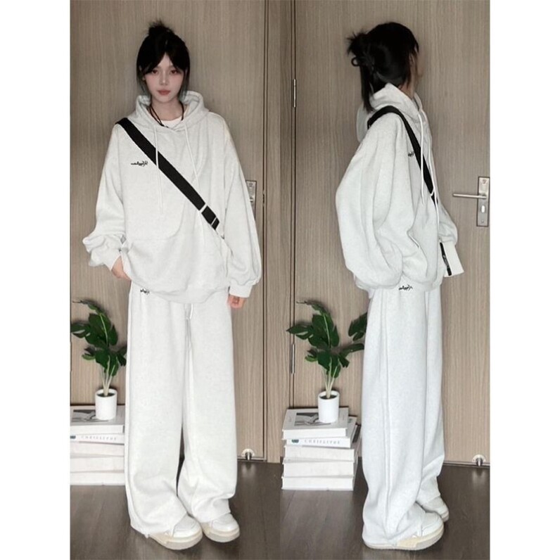 秋冬慵懒风美式复古少年感休闲运动套装宽松连帽卫衣女学生两件套