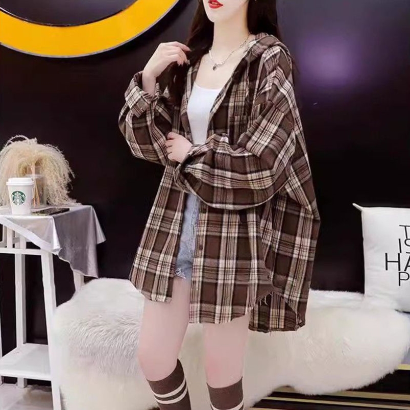 连帽格子衬衫女2024春秋新款宽松休闲韩版慵懒风胖mm长袖上衣外套