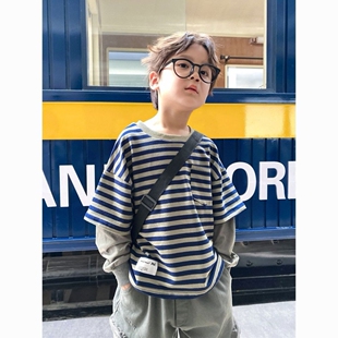 男童卫衣春秋儿童宝宝洋气宽松条纹假两件上衣中大童春装 衣服潮流