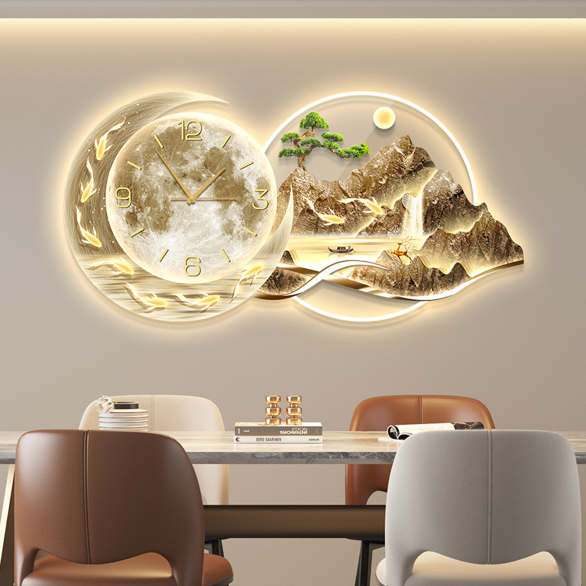 led带灯轻奢餐厅装饰画饭厅背景墙挂画壁画简约现代高级感带钟表