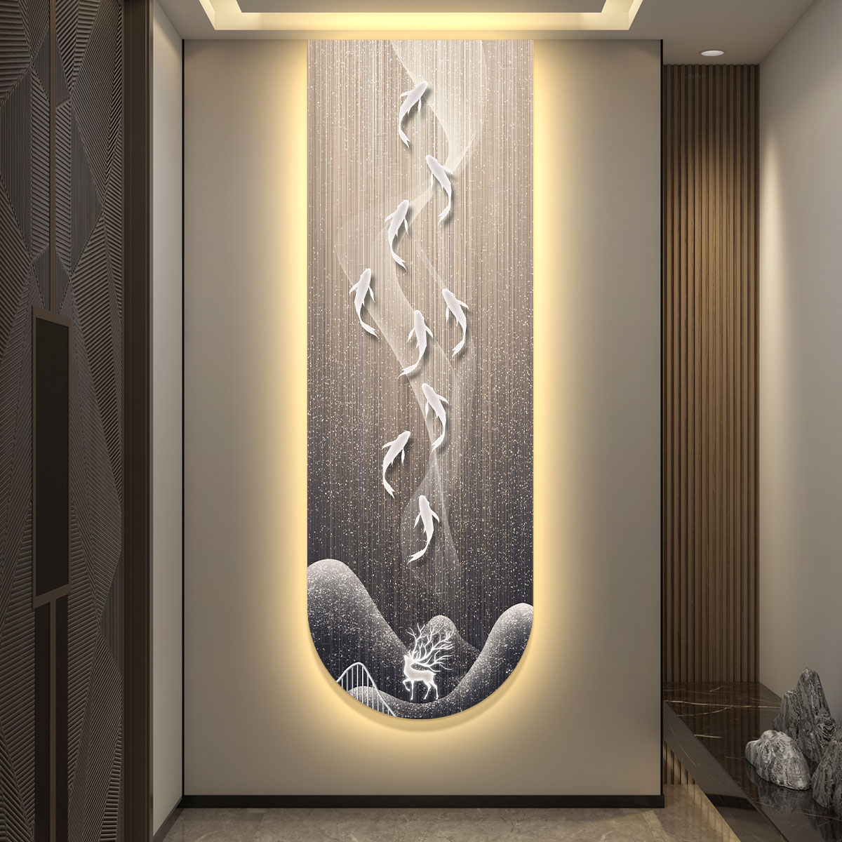 九鱼图led带灯轻奢长条入户玄关装饰画 画走廊过道挂画 画壁画 画