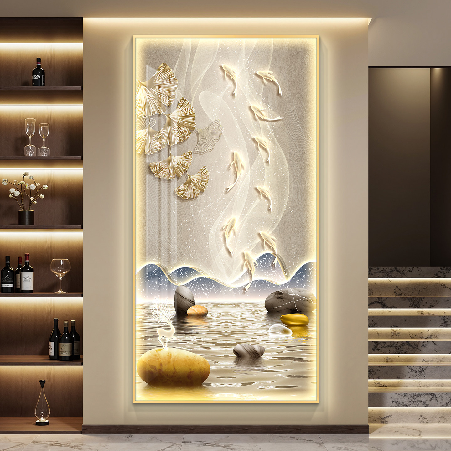九鱼图轻奢led灯入户玄关装饰画走廊过道挂画壁画简约现代高级感
