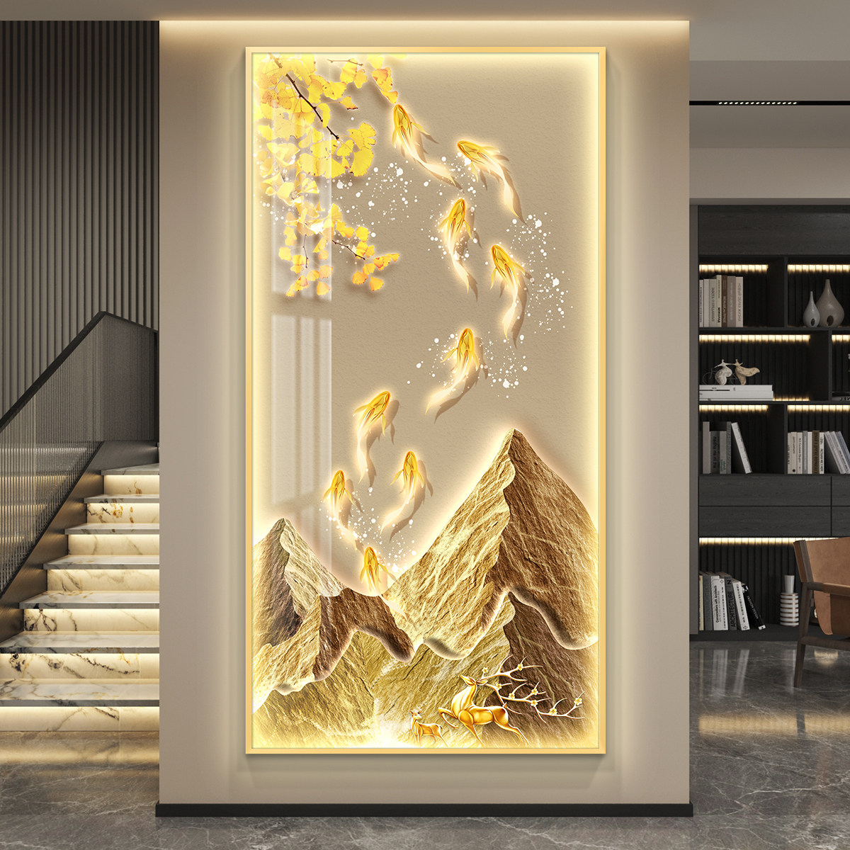 九鱼图LED玄关挂画轻奢现代风装饰画 加厚铝合金边框智能灯壁画