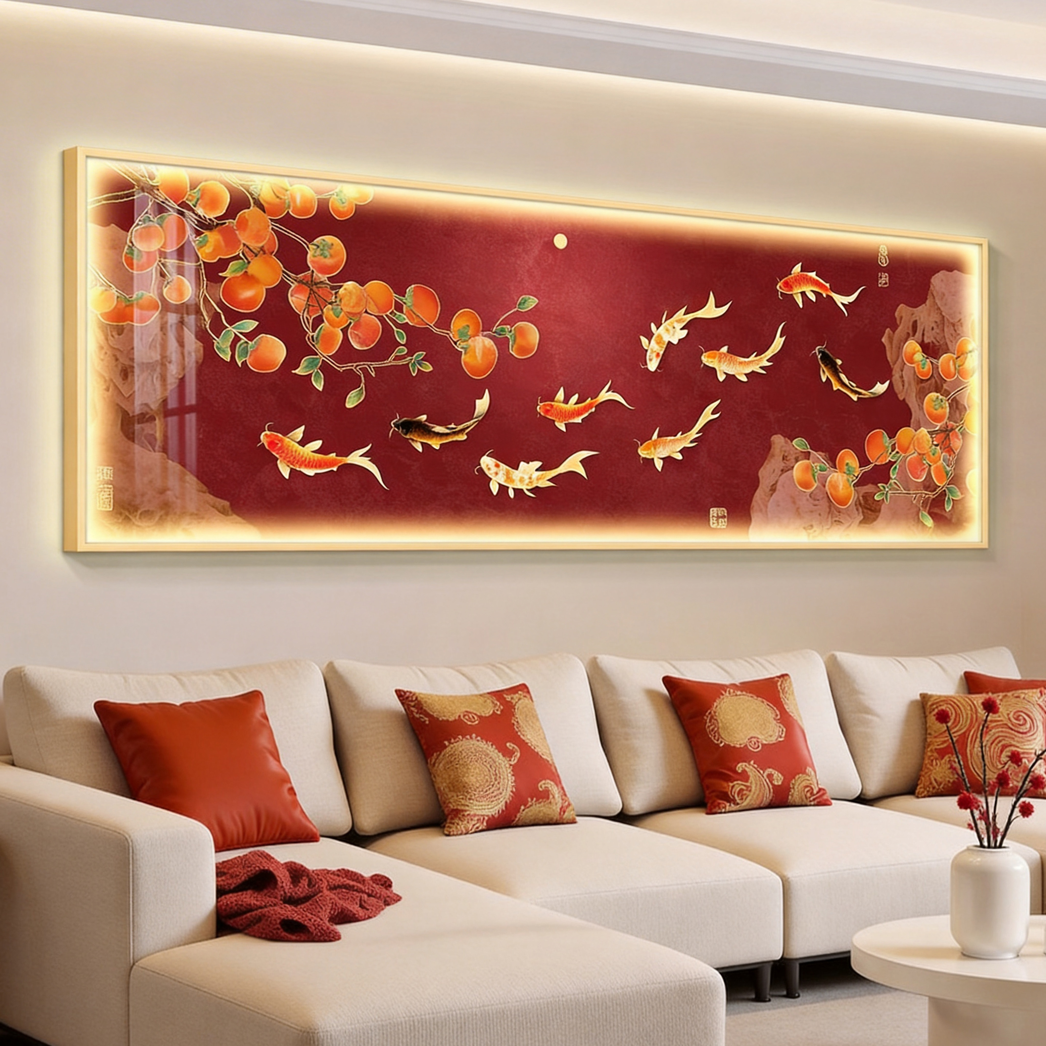 九鱼图led带灯轻奢客厅装饰画沙发背景墙挂画壁画简约现代高级感