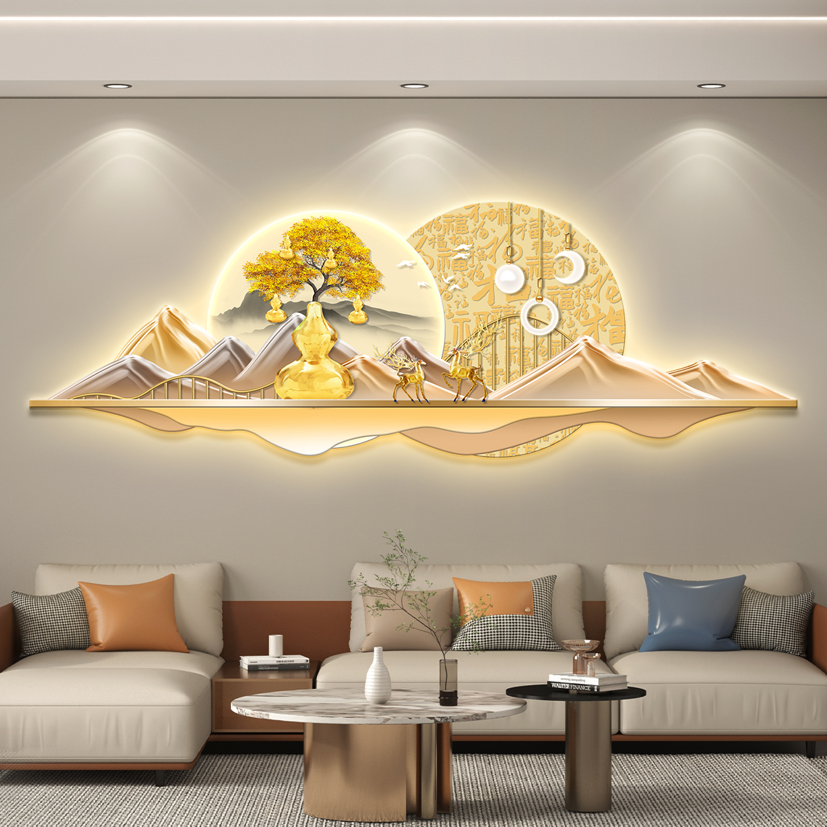 摇钱树led带灯轻奢客厅装饰画沙发背景墙挂画壁画简约现代高级感图片