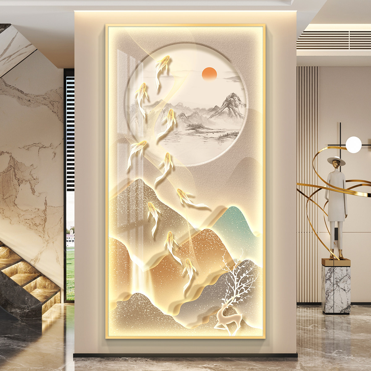 九鱼图轻奢LED灯入户玄关装饰画走廊过道挂画壁画简约现代高级感