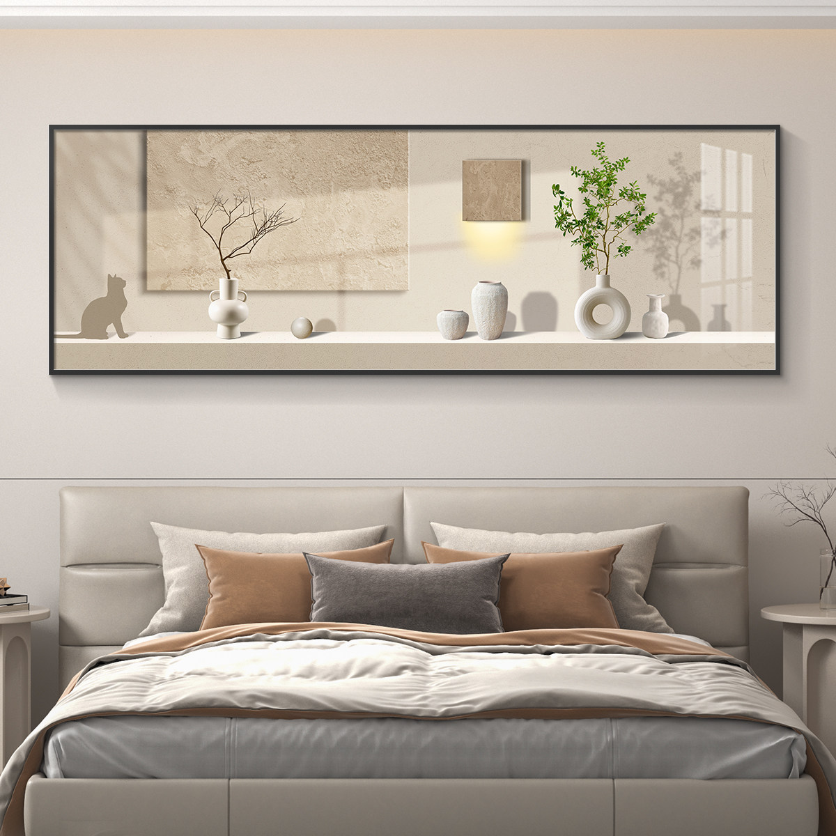 小清新床头卧室装饰画主卧房间背景墙简约现代挂画绿植原木风壁画