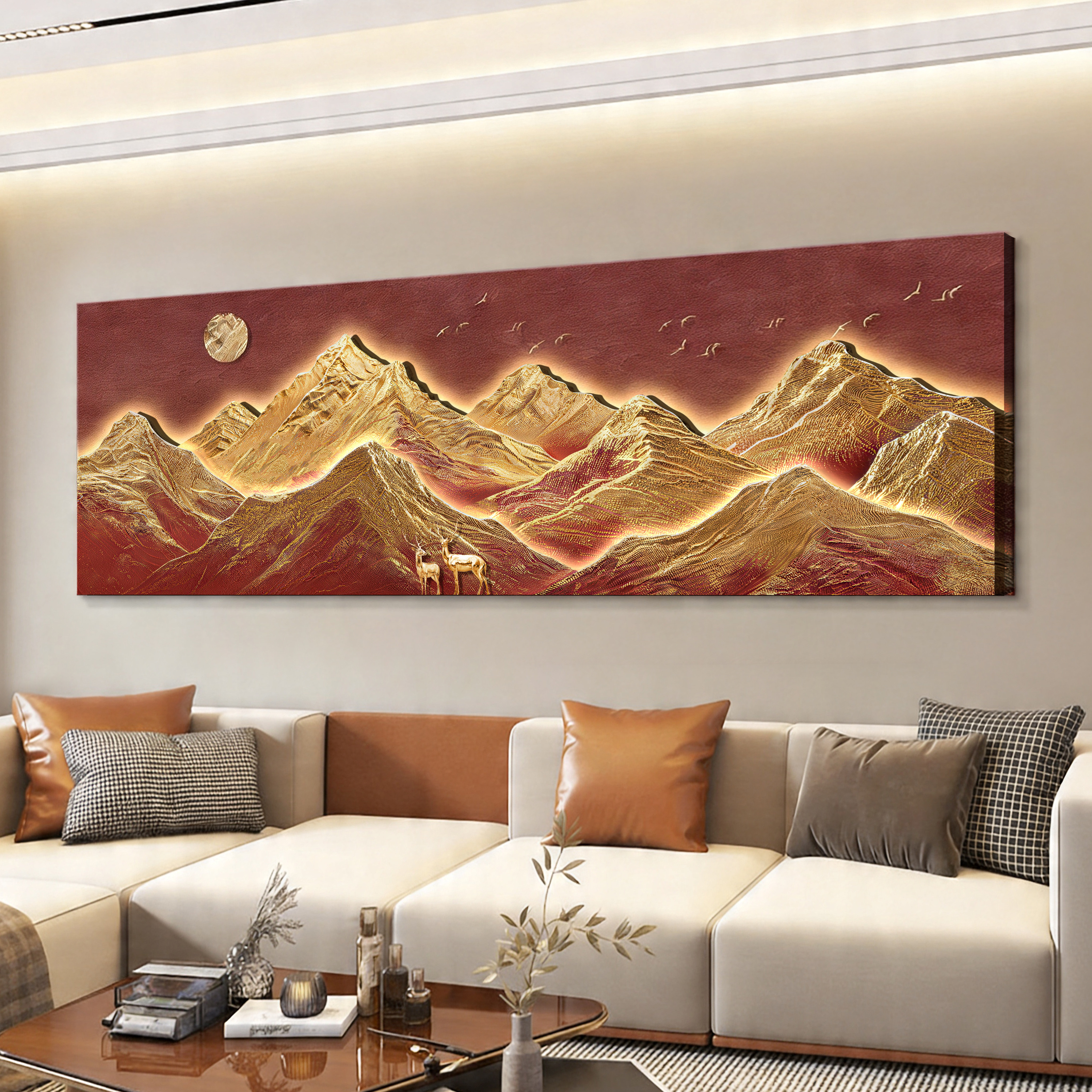轻奢LED灯客厅装饰画沙发背景墙挂画壁画现代简约高级感立体砂岩