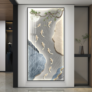 led带灯九鱼图轻奢入户玄关装饰画 画竖版走廊过道挂画 画简约现
