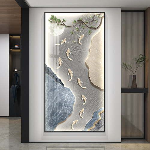 led带灯九鱼图轻奢入户玄关装饰画 画竖版走廊过道挂画 画简约现