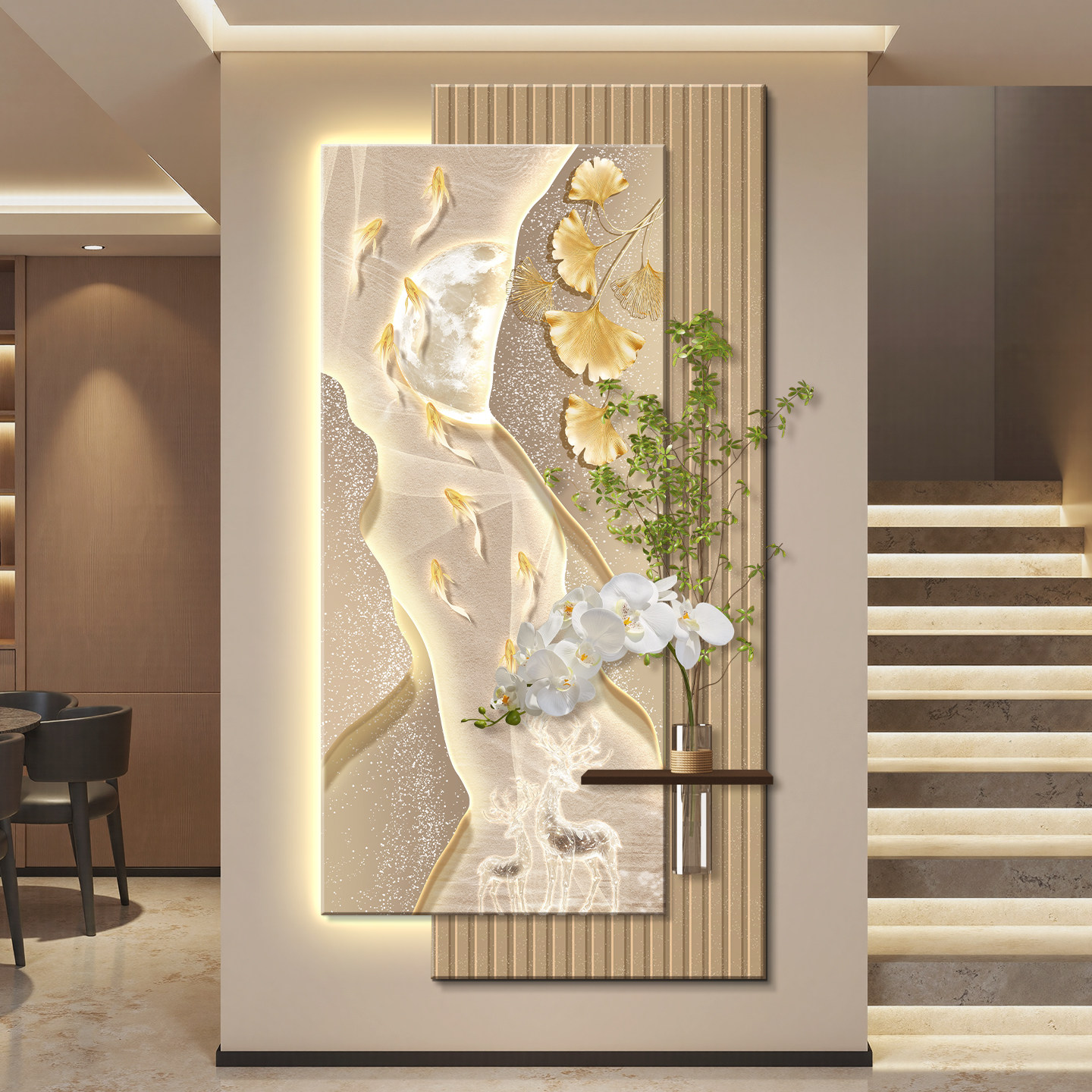 九鱼图轻奢LED灯入户玄关装饰画走廊过道挂画壁画简约现代高级感