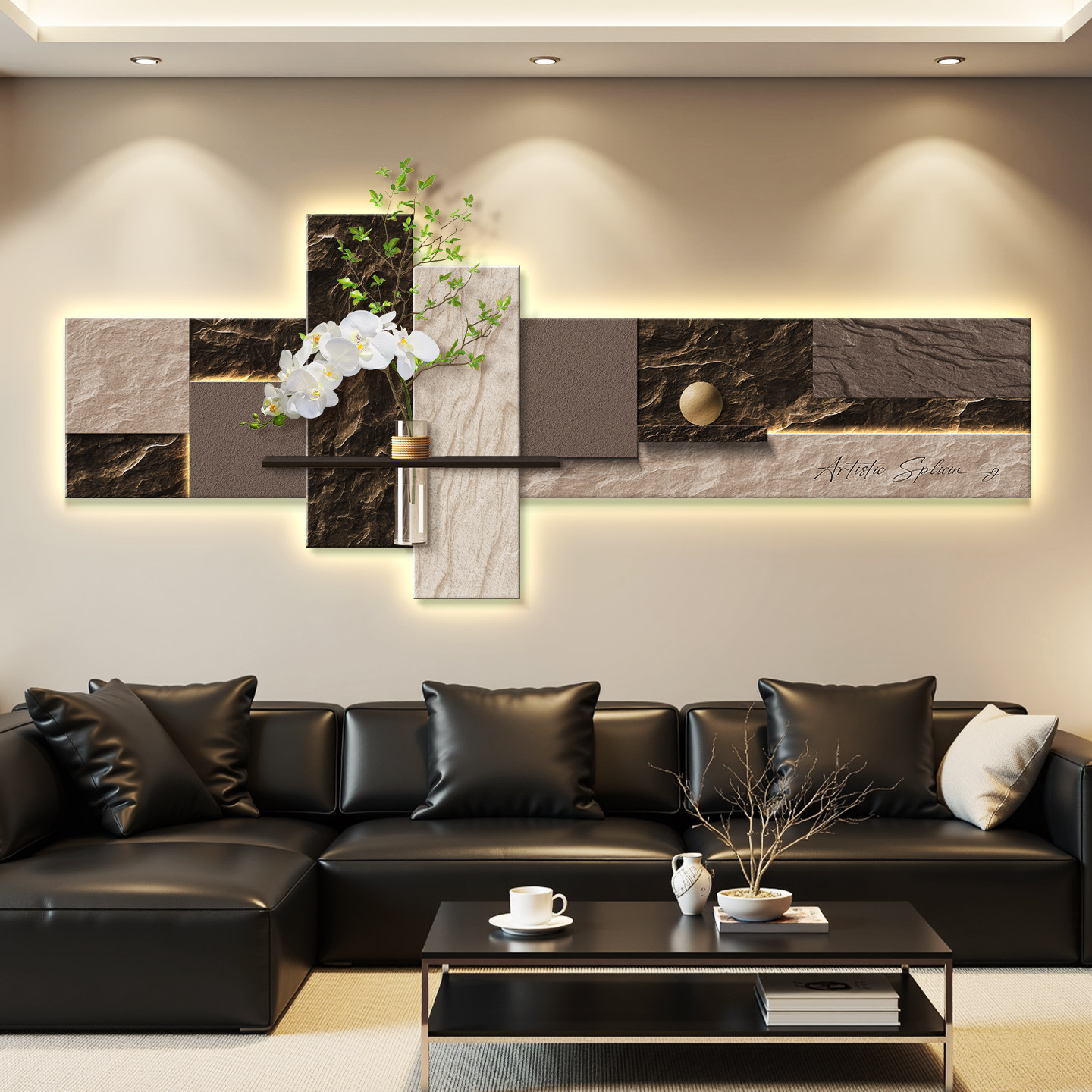 轻奢led灯客厅装饰画沙发背景墙挂画壁画简约现代高级感立体砂岩