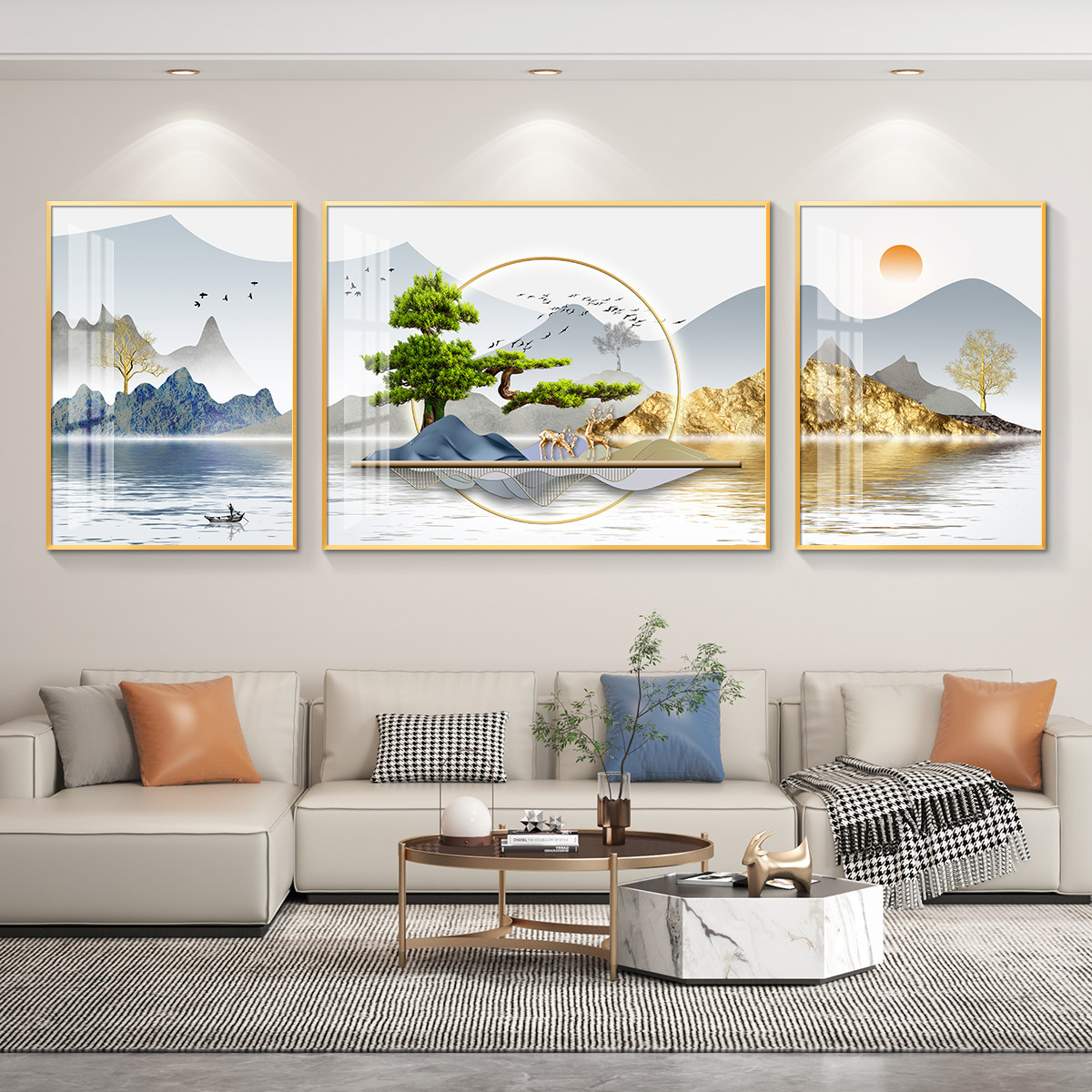 迎客松轻奢客厅装饰画沙发背景墙挂画壁画简约现代墙画山水画大气