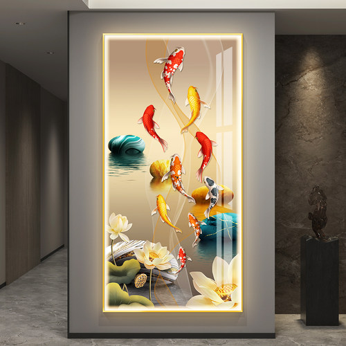 轻奢led带灯九鱼图入户玄关装饰画走廊过道挂画简约现代高端壁画