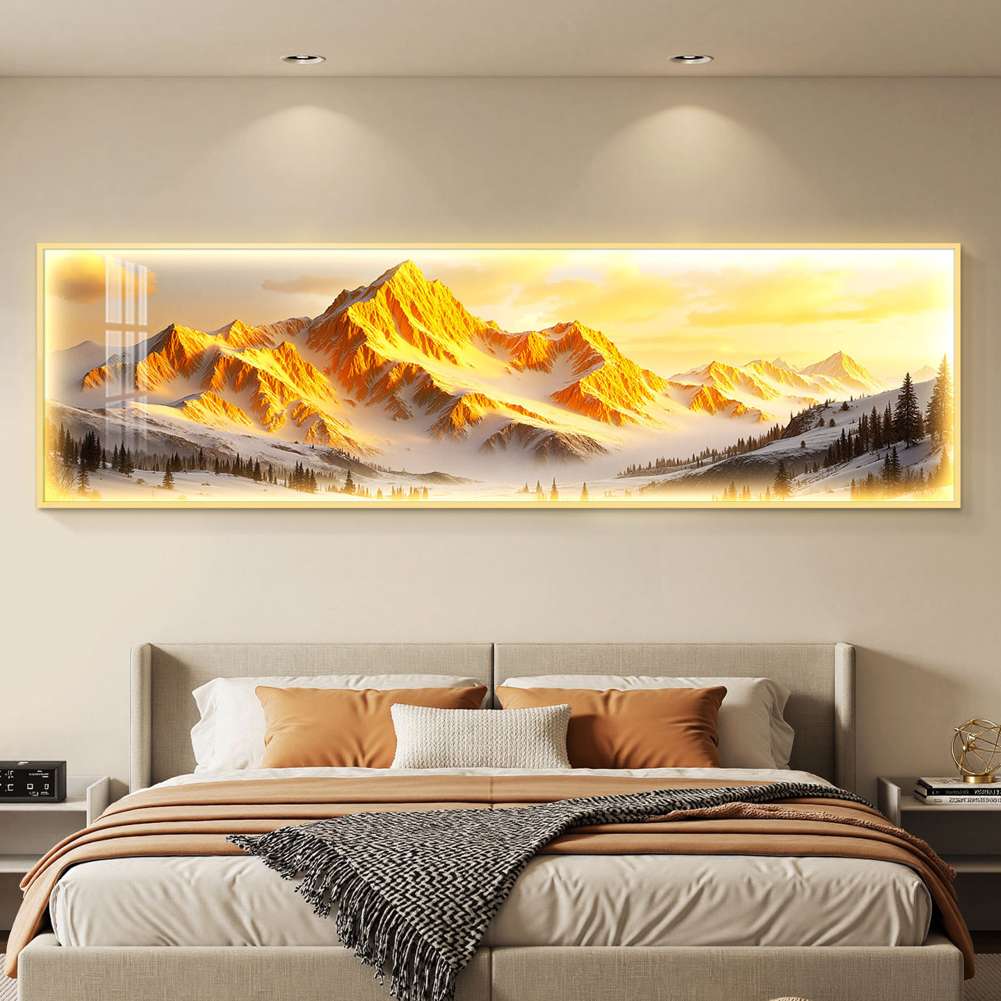 日照金山LED灯轻奢卧室床头装饰画 画主卧房间背景墙挂画 画高级