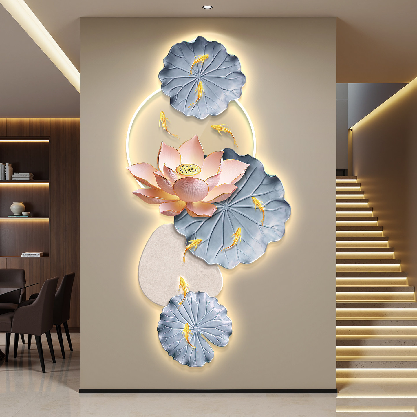 九鱼图led灯轻奢入户玄关装饰画走廊过道挂画壁画现代简约高级感