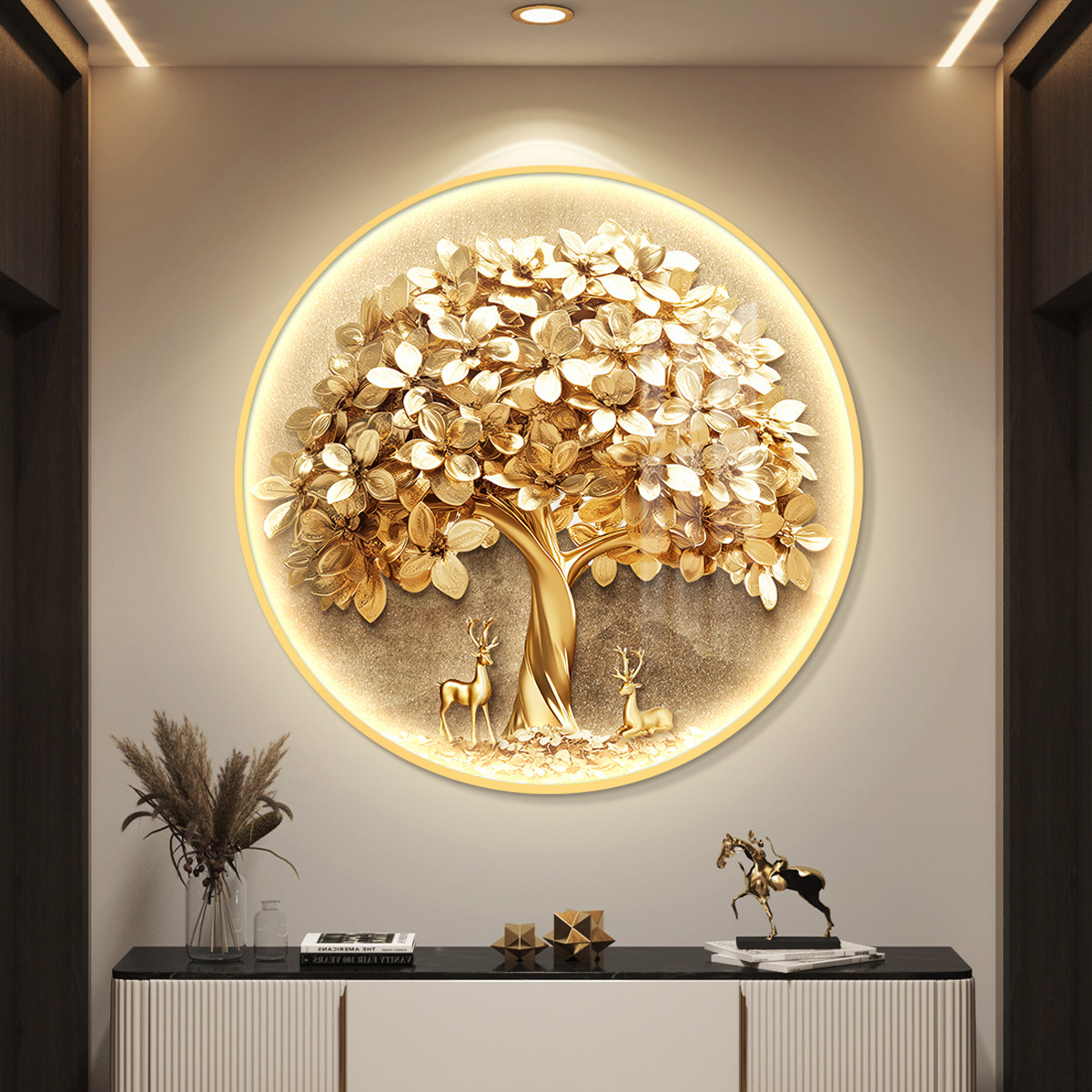 轻奢圆形led带灯入户玄关装饰画 画走廊过道挂画 画壁画 画简约现